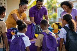 Children receiving backpacks and school supplies during a community back-to-school drive